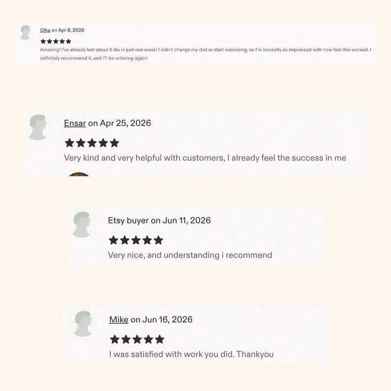 May include: A digital display of four customer reviews featuring five-star ratings. The text includes user names Olha, Ensar, Etsy buyer, and Mike, with dates from April to June 2026. The reviews contain written feedback regarding weight loss, customer service, and general satisfaction with the work provided.