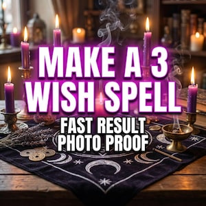 Puede incluir: Un mantel de altar negro con símbolos de lunas y estrellas blancos, rodeado de velas moradas en soportes de metal, un cuenco de latón y monedas de oro. El texto dice: MAKE A 3 WISH SPELL FAST RESULT PHOTO PROOF en letras blancas.