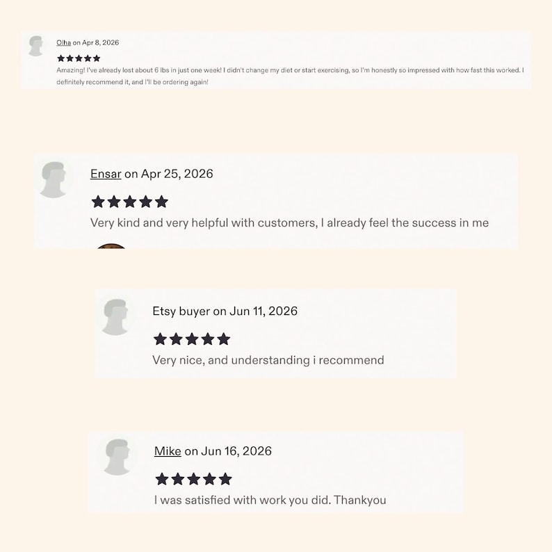Pode incluir: Uma cole&ccedil;&atilde;o de quatro avalia&ccedil;&otilde;es de clientes exibidas em um fundo claro. Cada avalia&ccedil;&atilde;o inclui um nome de usu&aacute;rio, uma data, uma classifica&ccedil;&atilde;o de cinco estrelas e um coment&aacute;rio escrito. O texto inclui nomes como Olha, Ensar, Etsy buyer e Mike.