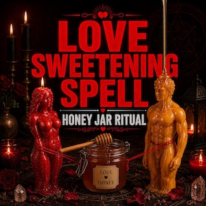 May include: A red female figure candle and a yellow male figure candle connected by red string to a central glass honey jar with a wooden dipper. The text reads LOVE SWEETENING SPELL HONEY JAR RITUAL and LOVE HONEY on the jar label, with candles.