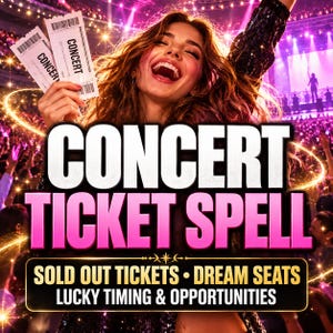 May include: Two white concert tickets held up against a vibrant, pink-lit stadium background. The text reads CONCERT TICKET SPELL, SOLD OUT TICKETS, DREAM SEATS, LUCKY TIMING & OPPORTUNITIES. The scene features a joyful expression and stage lights.