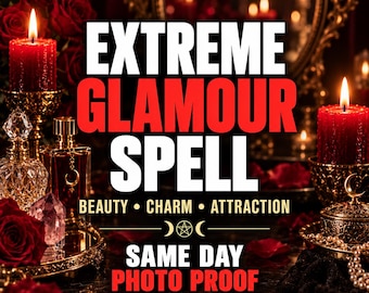 Könnte beinhalten: Eine Darstellung mit roten Kerzen, roten Rosen und Glasparfümflaschen mit dem Text EXTREME GLAMOUR SPELL BEAUTY CHARM ATTRACTION SAME DAY PHOTO PROOF. Die Szene enthält einen goldfarbenen Spiegel und einen kleinen goldenen Behälter mit Perlen.
