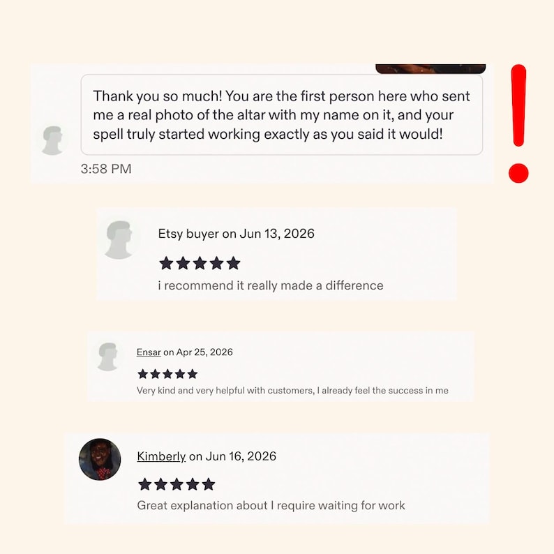 Pode incluir: Uma captura de tela digital de avalia&ccedil;&otilde;es de clientes com uma mensagem que diz: Thank you so much! You are the first person here who sent me a real photo of the altar with my name on it, and your spell truly started working exactly as you said it would!