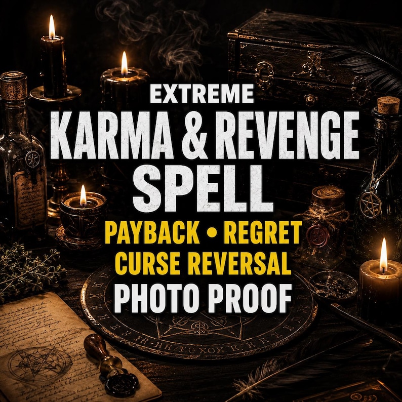 May include: A dark, atmospheric scene featuring candles, glass bottles, and an old parchment with a wax seal. The text reads: EXTREME KARMA & REVENGE SPELL, PAYBACK &bull; REGRET, CURSE REVERSAL, PHOTO PROOF. A circular engraved plate sits in the center.