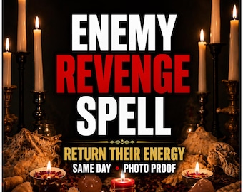May include: A dark scene featuring multiple lit white candles in black holders, surrounding a central display with the text ENEMY REVENGE SPELL in white and red, followed by RETURN THEIR ENERGY, SAME DAY, and PHOTO PROOF in yellow and white.