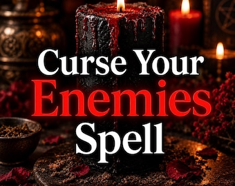May include: A black pillar candle with red wax dripping from the top, featuring the text Curse Your Enemies Spell in white and red lettering. Below the text, green and purple icons accompany the phrases Photo Proof and Fast Manifest.