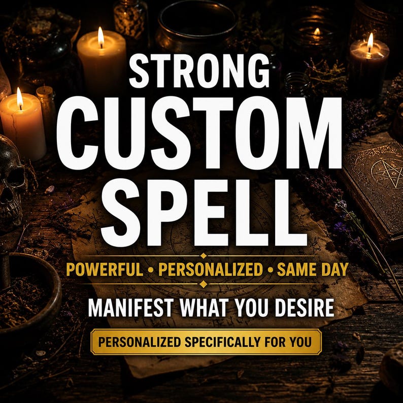 Custom spell ritual altar with candles, herbs and parchment for personalized same day manifestation work