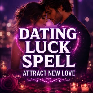 May include: A digital graphic featuring a couple in a close embrace with the text DATING LUCK SPELL and ATTRACT NEW LOVE in white lettering. The image is framed by a glowing pink heart outline, set against a dark purple background with candles.