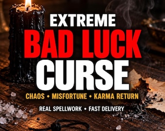 May include: A black candle with a burning flame, white salt crystals, and a piece of burnt paper on a wooden surface. The text reads: EXTREME BAD LUCK CURSE, CHAOS, MISFORTUNE, KARMA RETURN, REAL SPELLWORK, FAST DELIVERY.