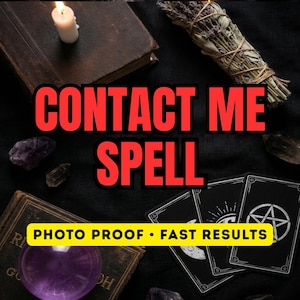 May include: A collection of items including a white candle, a bundle of dried lavender, a dark book, a purple crystal sphere, and three black tarot cards with white symbols. The text reads CONTACT ME SPELL and PHOTO PROOF • FAST RESULTS.