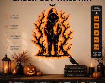 Fichier de découpe laser Halloween Faucheuse à capuche (SVG, DXF, PNG, PDF, AI), téléchargement numérique effrayant de la Faucheuse, fichier de découpe CNC Cricut Glowforge