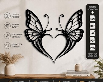 Décoration murale papillon cœur découpée au laser (DXF, SVG, PNG, PDF, AI) | Papillon romantique | Fichier de découpe laser CNC Cricut Glowforge