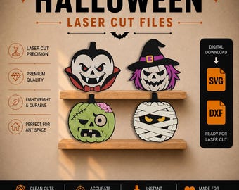Fichiers de découpe laser pour décorations d'Halloween (SVG, DXF) : vampire, sorcière, zombie, momie. Fichiers LightBurn. Pack de personnages effrayants. Fichier laser CO2 Glowforge xTool.