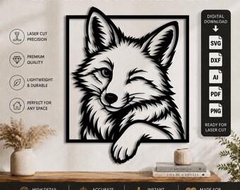 Décoration murale renard clignant de l'œil, découpée au laser (DXF-SVG-PNG-PDF-AI) | Renard mignon | Renard des bois, fichier de découpe laser CNC Cricut Glowforge