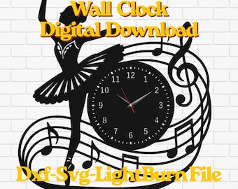 Horloge murale ballerine SVG, fichier découpé au laser décoration studio de danse, horloge danseuse de ballet DXF Lightburn téléchargement, notes de musique cadeau d'art mural