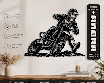 Motocross laserskuren väggkonst Svg Dxf Png Pdf Ai, metall laserskuren dirt bike-förare, motorcykelracing CNC Plasma LightBurn digital klippfil