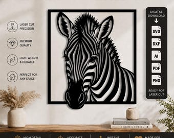 Fichier de découpe laser Zèbre DXF-SVG-PNG-PDF-AI | Tête de zèbre SVG à télécharger | Faune africaine | Fichier vectoriel pour découpe laser CNC Cricut Glowforge