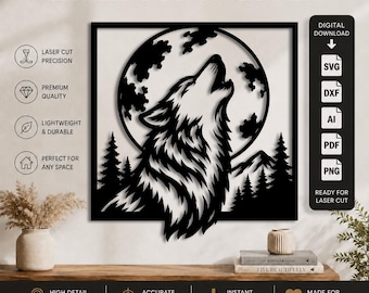 Fichier de découpe laser Loup hurlant DXF-SVG-PNG-PDF-AI | Téléchargement numérique SVG Loup et Lune | Faune | Fichier vectoriel de découpe laser CNC Cricut Glowforge