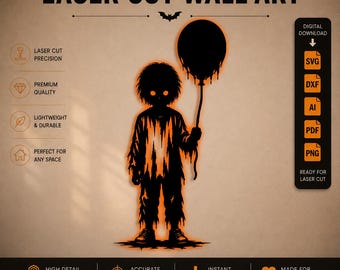 Fichier de découpe laser pour ballon d'enfant effrayant d'Halloween (SVG, DXF, PNG, PDF, AI), téléchargement numérique d'enfant fantôme effrayant, fichier de découpe CNC Cricut Glowforge d'horreur