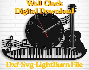Horloge murale guitare découpée au laser fichier DXF Lightburn SVG, conception d'horloge thème musique, modèle d'horloge CNC, décoration murale en téléchargement numérique