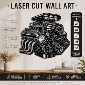 May include: A black laser cut wall art design featuring a detailed automotive engine with a supercharger, pulleys, and exhaust headers. The graphic includes text labels for digital download formats including SVG, DXF, AI, PDF, and PNG files.
