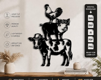 Décoration murale décorative animaux de la ferme (Totem) découpée au laser (DXF-SVG-PNG-PDF-AI) | Vache, cochon, poule | Fichier de découpe laser CNC Cricut Glowforge | Style ferme