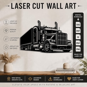 Peterbilt lastbil laserskuren väggkonst Dxf-Svg-Png-Pdf-Ai | Peterbilt Big Rig väggdekor | Peterbilt 389 CNC Cricut Glowforge laserskuren fil