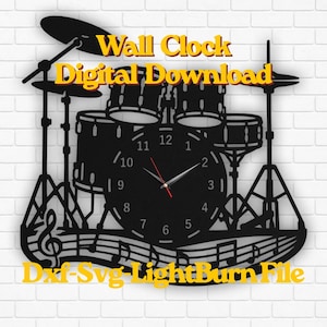 Drumset wandklok SVG, muziekklok lasergesneden bestand, drumstel DXF-ontwerp, LightBurn CNC-sjabloon, decor muziekstudio digitale download
