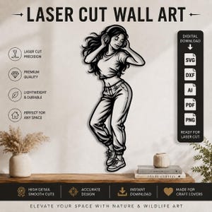 Pode incluir: Um design de arte de parede cortado a laser em preto e branco apresentando uma pessoa usando fones de ouvido e roupas casuais. O arquivo digital inclui formatos SVG, DXF, AI, PDF e PNG. O texto inclui LASER CUT WALL ART e DIGITAL DOWNLOAD.