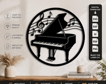 Fichier de découpe laser pour piano (DXF, SVG, PNG, PDF, AI) | Téléchargement numérique SVG de piano à queue | Fichier vectoriel pour découpe laser CNC Cricut Glowforge | Notes de musique