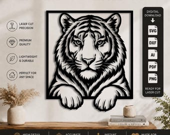 Fichier de découpe laser Tigre DXF-SVG-PNG-PDF-AI | Tête de tigre SVG à télécharger | Fichier vectoriel pour découpe laser CNC Cricut Glowforge | Animal sauvage