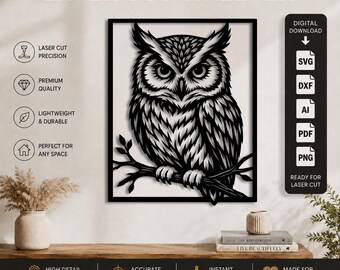 Fichier vectoriel de découpe laser Hibou (DXF, SVG, PNG, PDF, AI) | Téléchargement numérique SVG Grand-duc d'Amérique | Oiseau sauvage | Fichier vectoriel de découpe laser CNC Cricut Glowforge