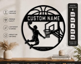 Fichier de découpe laser personnalisé pour ballon de basket (DXF, SVG, PNG, PDF, AI) | Nom personnalisé | Fichier SVG pour découpe laser CNC Cricut Glowforge |
