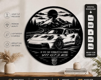 Décoration murale Porsche 911 GT3 RS découpée au laser (formats DXF, SVG, PNG, PDF, AI) | Décoration murale Porsche GT3 RS style montagne | Fichier de découpe laser CNC pour Cricut et Glowforge