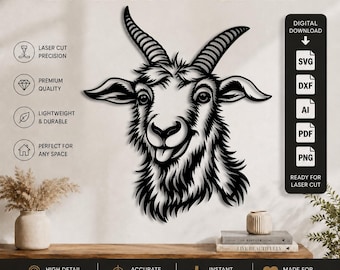 Décoration murale tête de chèvre découpée au laser (DXF-SVG-PNG-PDF-AI) | Décoration murale chèvre amusante | Animal de la ferme | Fichier de découpe laser CNC Cricut Glowforge