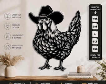 Décoration murale découpée au laser : Poule cowboy (formats DXF, SVG, PNG, PDF, AI) | Poule amusante avec chapeau de cowboy | Style ferme | Fichier de découpe laser CNC pour Cricut et Glowforge