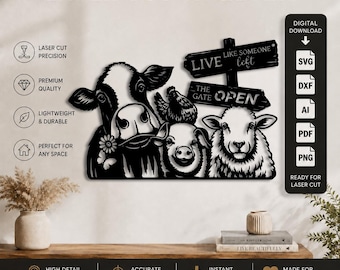Décoration murale découpée au laser avec animaux de la ferme (formats DXF, SVG, PNG, PDF, AI) | Panneau « Ferme » (vache, cochon, mouton, poule) | Fichier de découpe laser CNC pour Cricut et Glowforge
