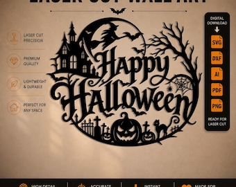 Fichier de découpe laser Joyeux Halloween (SVG, DXF, PNG, PDF, AI), Maison hantée par une sorcière et citrouille (téléchargement numérique), fichier de découpe CNC Cricut Glowforge effrayant