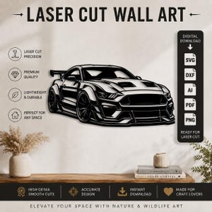 May include: A black and white digital graphic of a sports car with a rear spoiler, intended for laser cutting. The image includes text labels such as LASER CUT WALL ART, DIGITAL DOWNLOAD, SVG, DXF, AI, PDF, PNG, and icons for precision and quality.