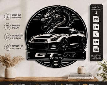 Décoration murale Nissan GT-R R35 Dragon découpée au laser (formats DXF, SVG, PNG, PDF et AI) | Décoration murale Nissan GTR R35 | Fichier de découpe laser CNC Cricut Glowforge