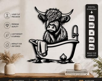 Décoration murale découpée au laser pour baignoire « Vache des Highlands » (formats DXF, SVG, PNG, PDF et AI) | Décoration de salle de bain humoristique « Vache des Highlands » | Fichier de découpe laser Cricut Glowforge style ferme