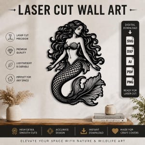 Op de afbeelding: Een zwart lasergesneden wandkunstontwerp met een zeemeermin met lang golvend haar en een gedetailleerde geschubde staart. De afbeelding bevat tekstlabels voor laserprecisie, premium kwaliteit en digitale downloadformaten zoals SVG, DXF, AI, PDF en PNG.