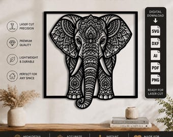Fichier de découpe laser Mandala Éléphant DXF-SVG-PNG-PDF-AI | Téléchargement numérique SVG Éléphant | Fichier de découpe laser CNC Cricut Glowforge Animal bohème