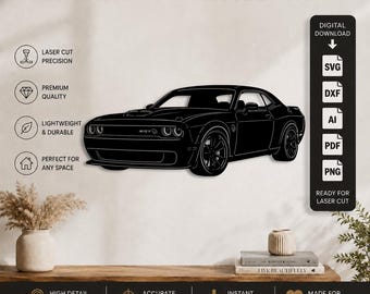 Fichier de découpe laser Dodge Challenger SRT Hellcat (DXF, SVG, PNG, PDF, AI) | Téléchargement numérique SVG Muscle Car | Vecteur pour découpe laser CNC, Cricut et Glowforge