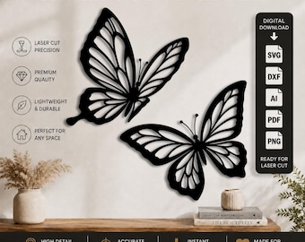 Ensemble de papillons découpés au laser - Art mural DXF-SVG-PNG-PDF-AI | Décoration murale papillons | Papillons floraux - Fichier de découpe laser CNC Cricut Glowforge
