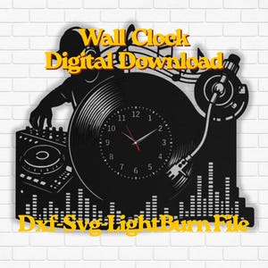 May include: Black wall clock in the shape of a DJ with a vinyl record as the clock face. The clock features a DJ silhouette, a turntable, and a sound wave design. The clock face has black numbers and red clock hands. Text on the clock says "Wall Clock Digital Download".