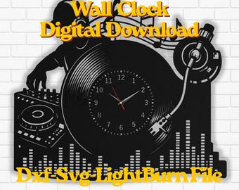 Disque vinyle DJ horloge murale SVG, fichier découpé au laser d'art mural producteur de musique, horloge de platine DXF fichier LightBurn en téléchargement numérique, horloge murale