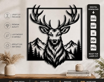 Fichier de découpe laser cerf DXF-SVG-PNG-PDF-AI | Cerf mâle SVG à télécharger | Faune de montagne | Fichier vectoriel pour découpe laser CNC Cricut Glowforge