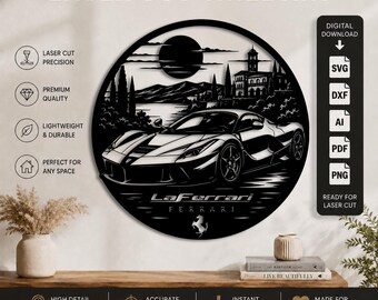 Ferrari LaFerrari - Décoration murale découpée au laser (DXF, SVG, PNG, PDF, AI) | Ferrari LaFerrari - Décoration murale Italie | Fichier de découpe laser CNC pour Cricut et Glowforge
