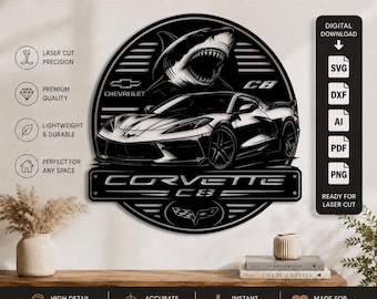 Décoration murale découpée au laser Chevrolet Corvette C8 Shark (formats DXF, SVG, PNG, PDF et AI) | Corvette C8 | Fichier de découpe laser pour CNC, Cricut et Glowforge (Chevy)